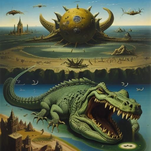 Triumphant Crocodile and Rats in Surreal Post-Apocalypse