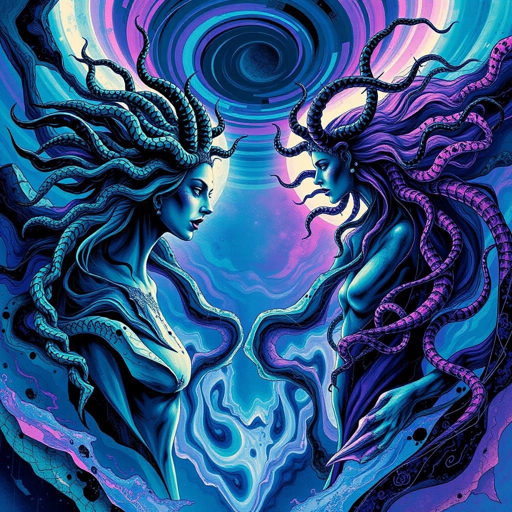 Bauhaus Goddesses Collide in Cyberpunk Landscape