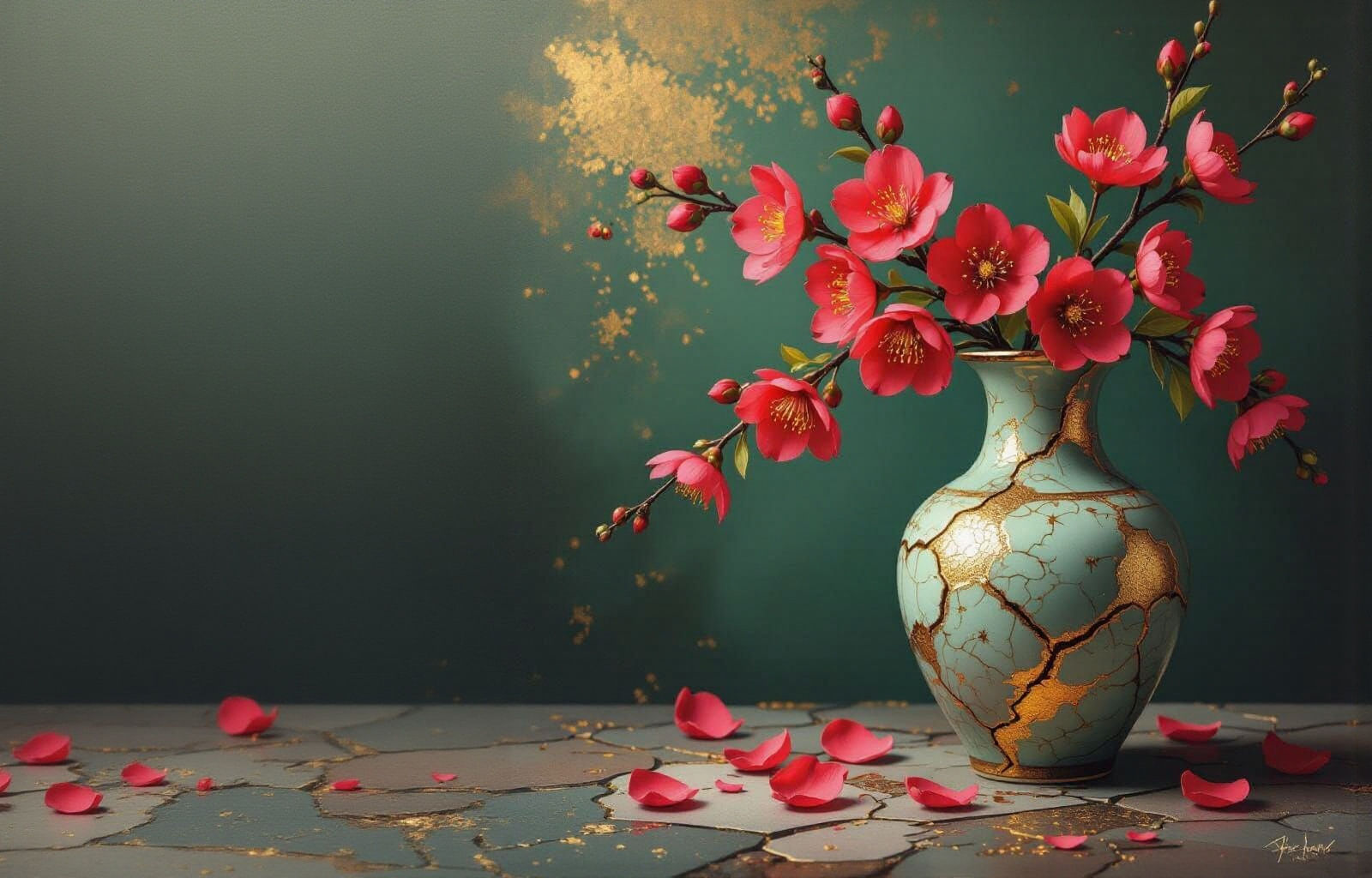 Kintsugi Vase with Coral Cherry Blossoms