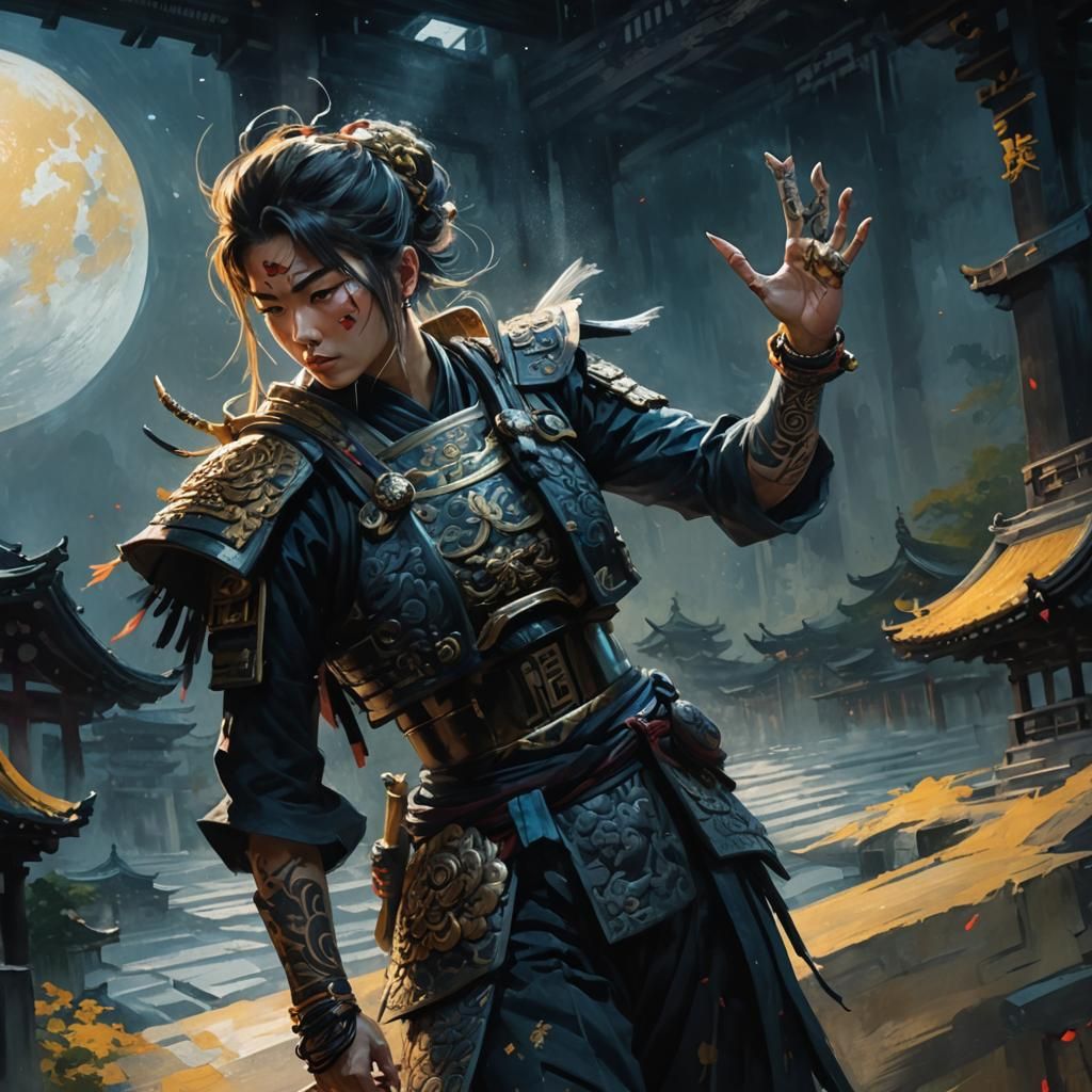 Female Samurai with Japanese Tattoos: Impasto Gouache Art