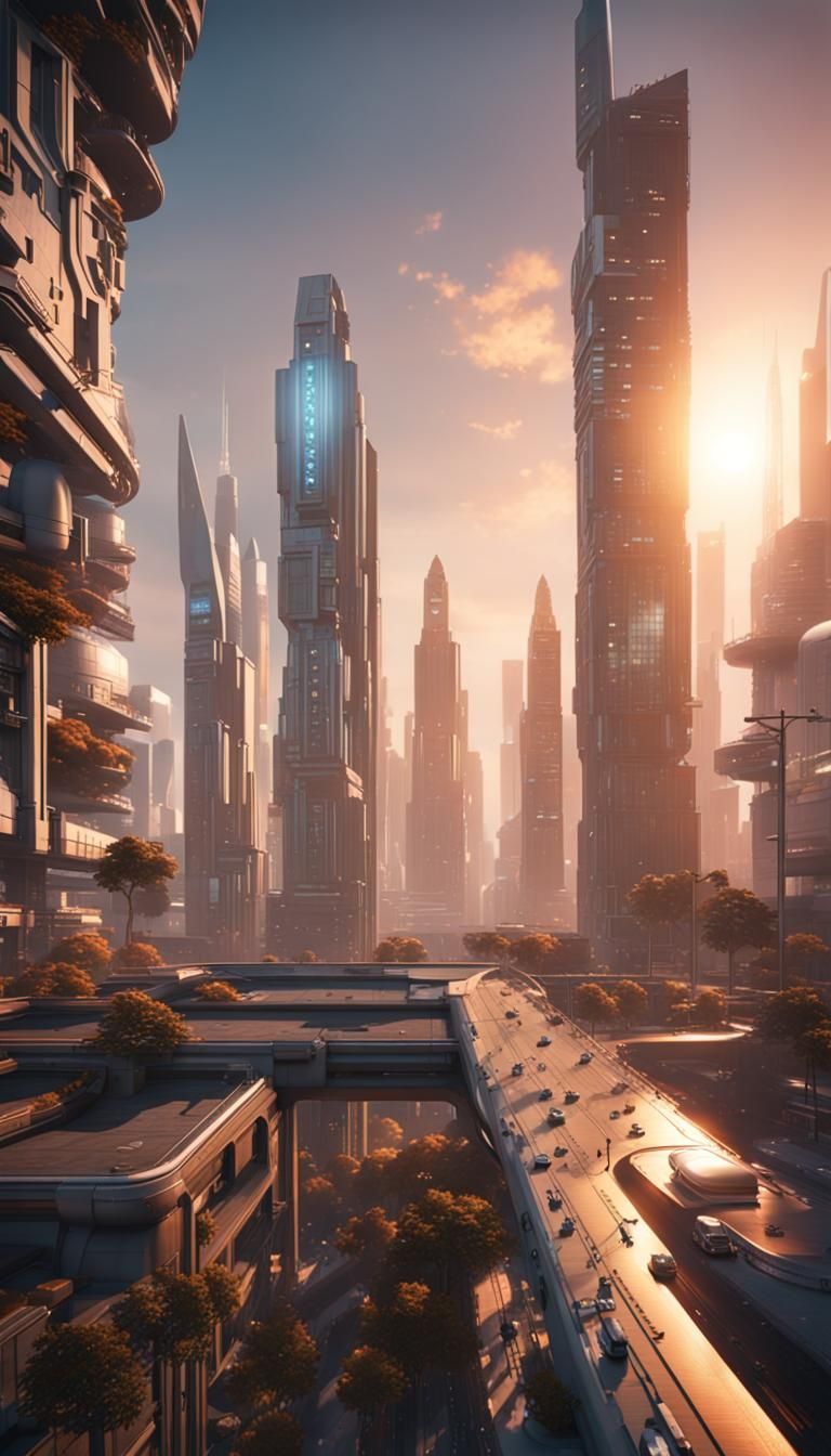A futuristic city full of illusions, sunset time, 3d, ultra ...