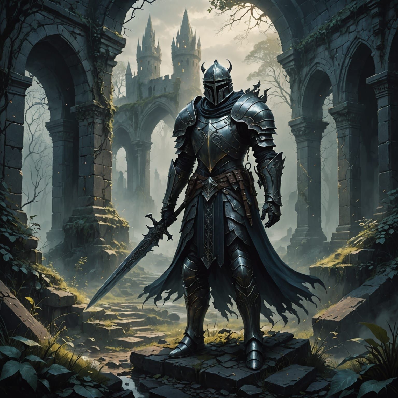 Spectral Knight Guards Ruin in Dark Fantasy Art