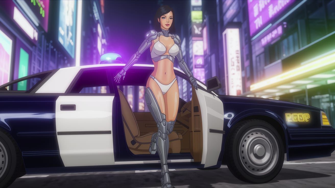 Cyberpunk Goddess Emerges from Futuristic Police Car