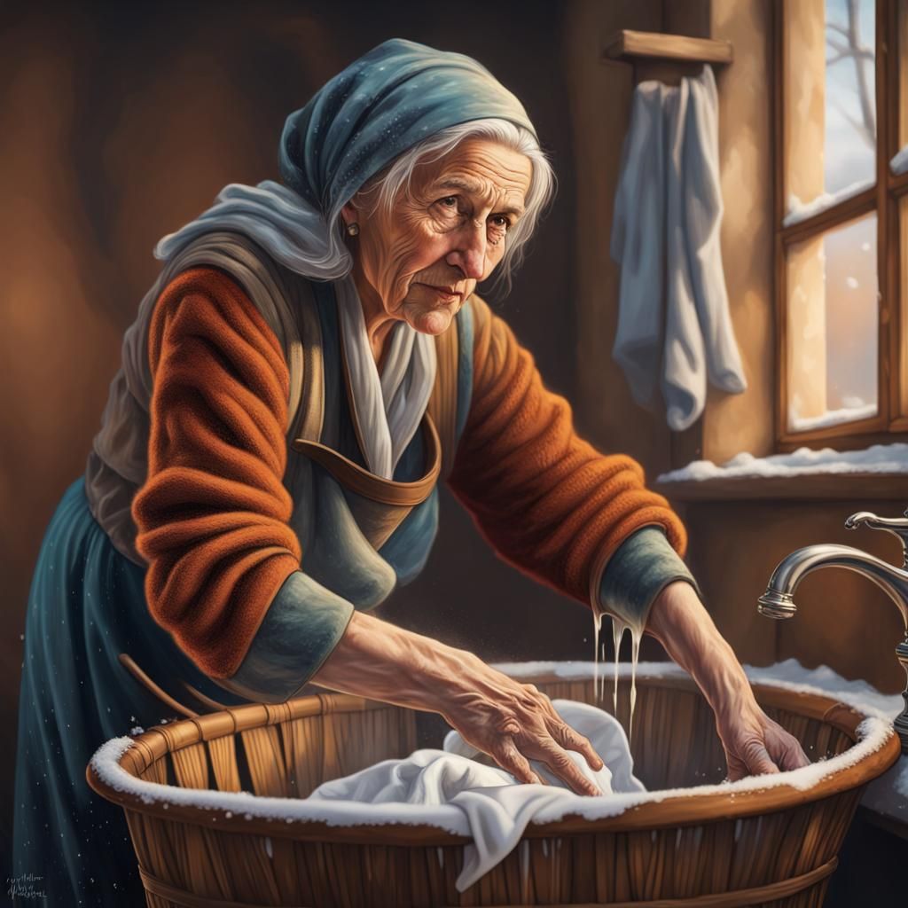 Renaissance Woman Washes Clothes in Winter Light