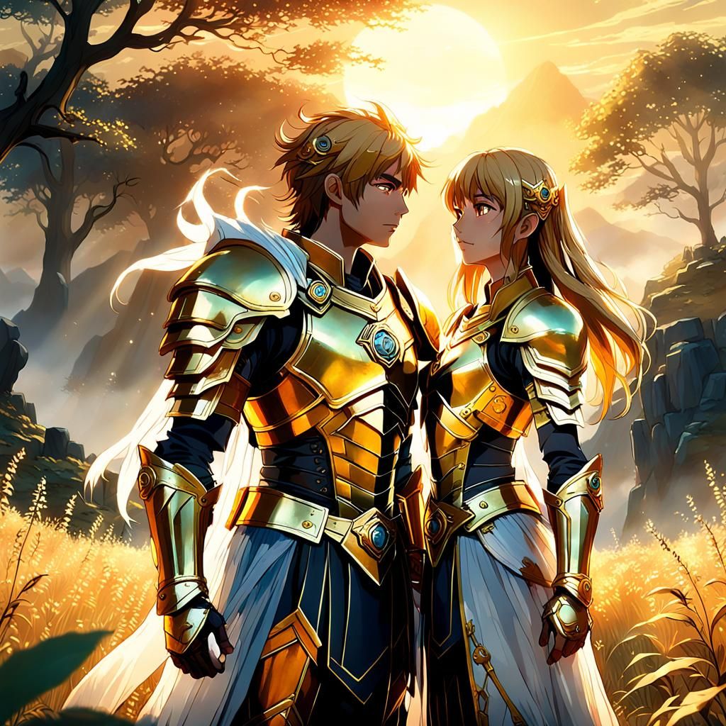 Heroic Anime Duo in Golden Hour Light