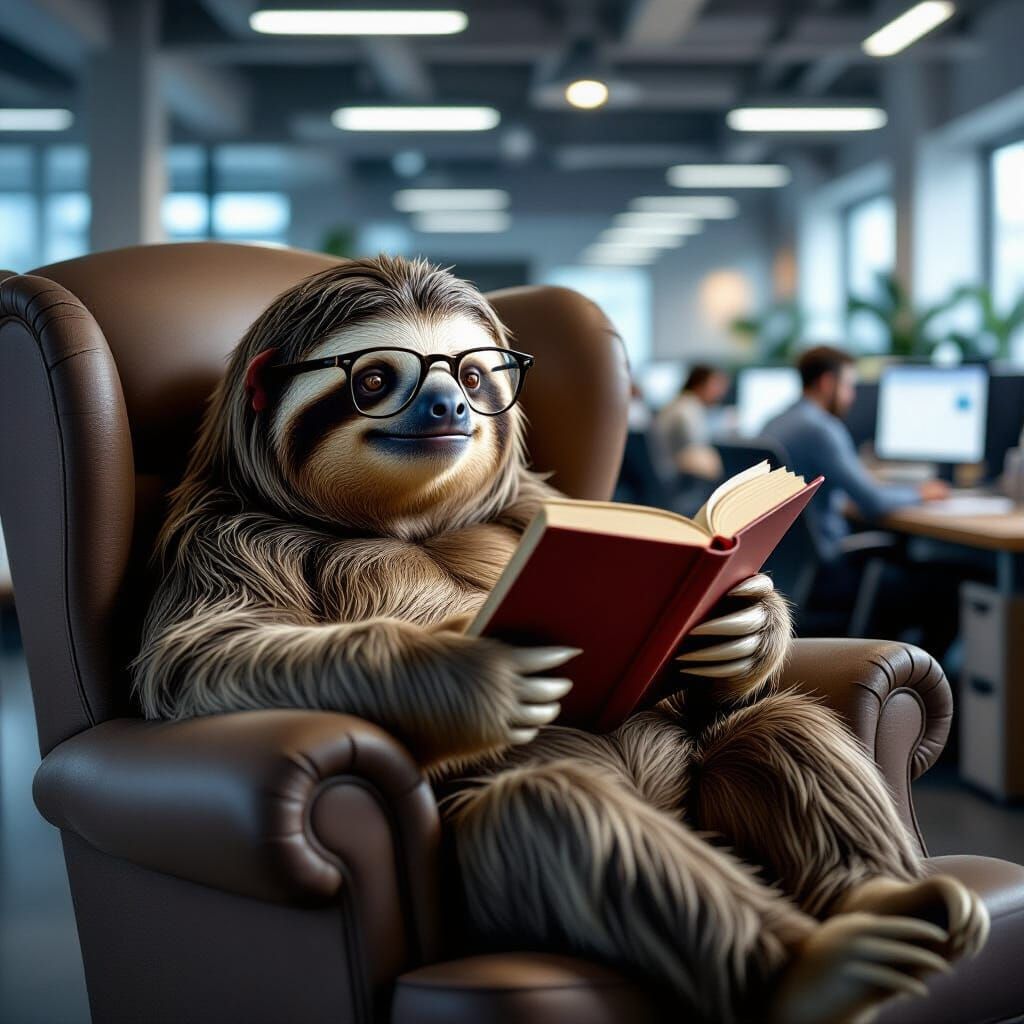 Sloth Reading in Office Chair, Hyperrealist Style