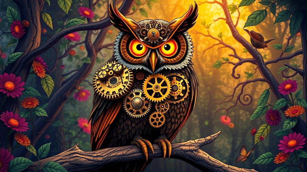 Steampunk Clockwork Owl in Comic Book Style