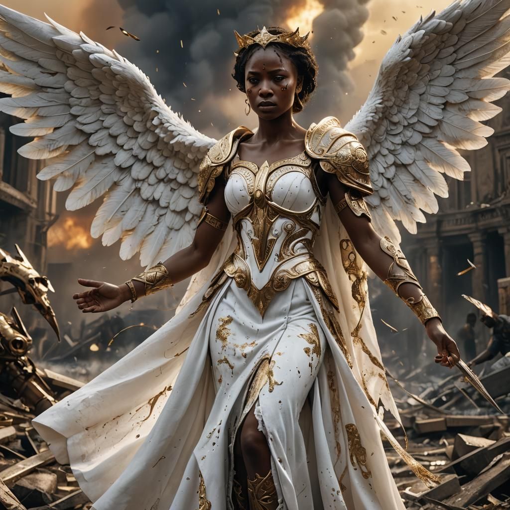 Crying Angel in Apocalyptic War Zone, Photorealistic Image