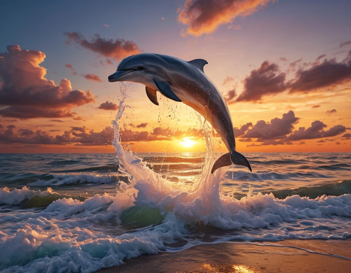 Beach Sunset with Dolphin in Hyperrealistic Style