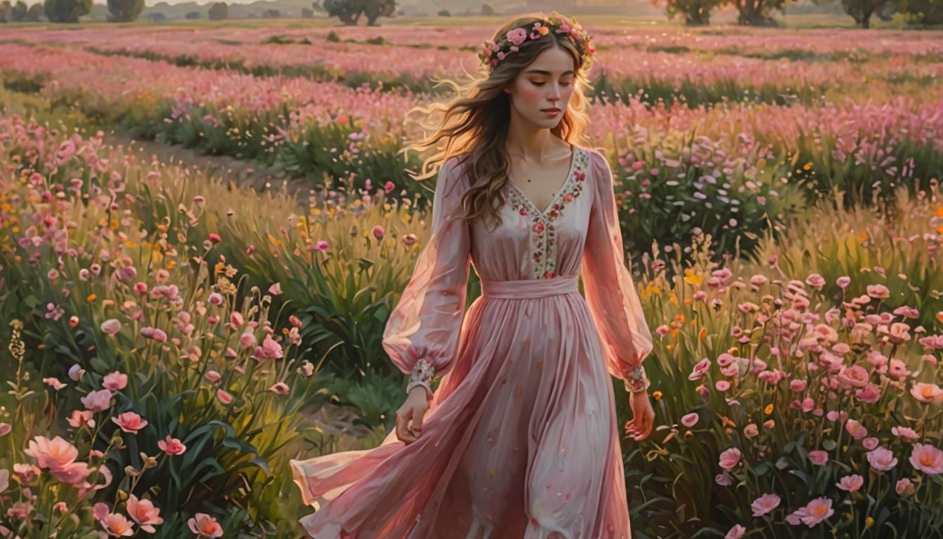 Woman in Pink Dress: Impressionistic Sunset Flower Field