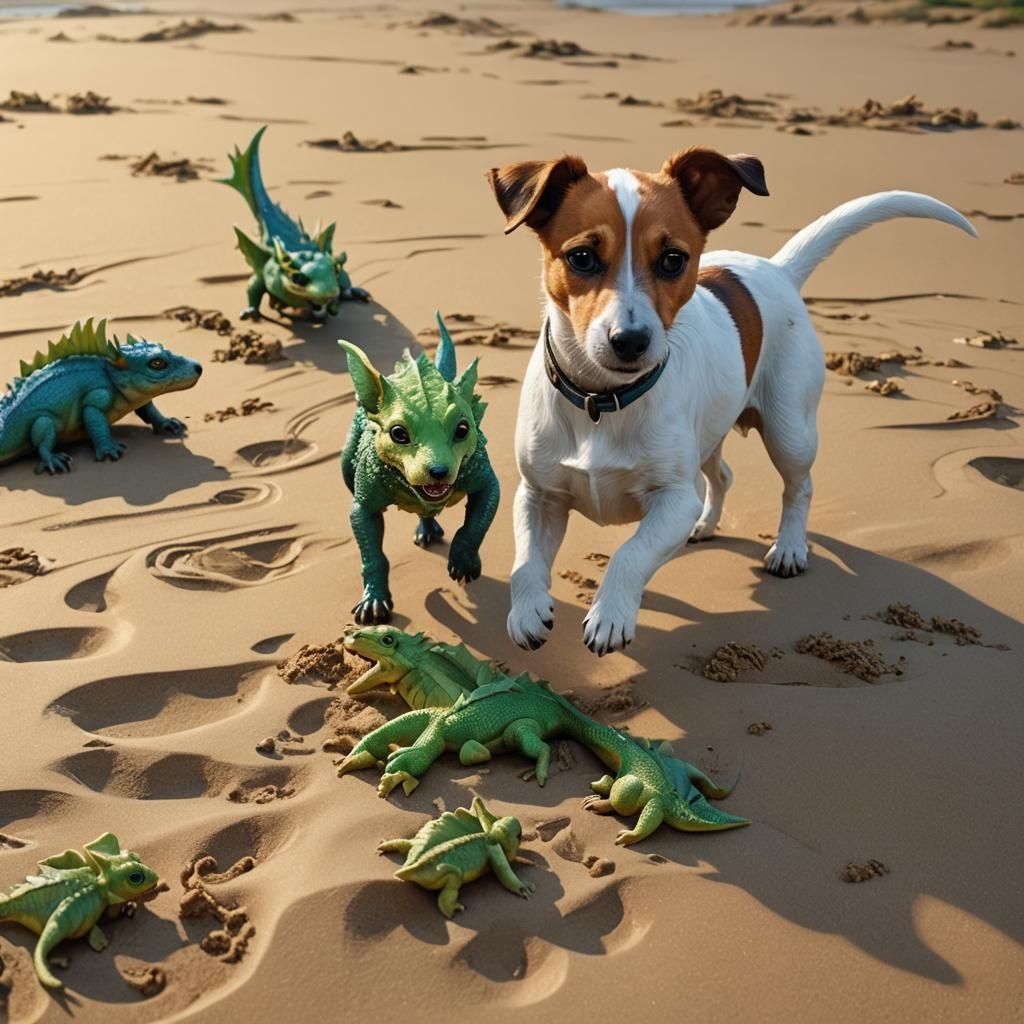 Jack Russell Terrier and Baby Dragons on Beach