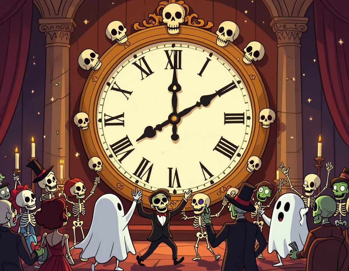 Skeletons and Zombies Party in a Ballroom