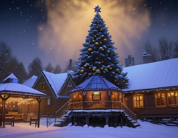 Christmas Tree in Snowy Village: Norman Rockwell Style