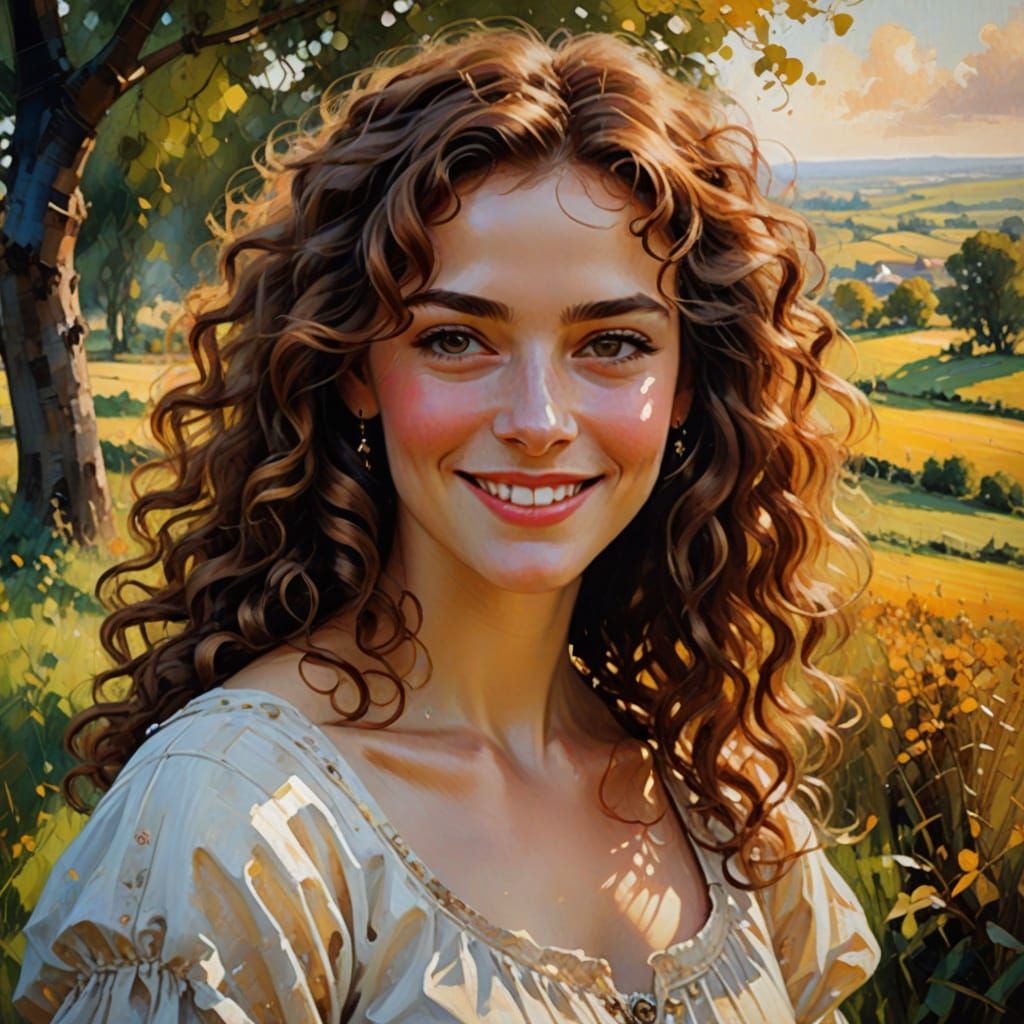 Girl in Countryside: Post-Impressionist Impasto Oil Painting