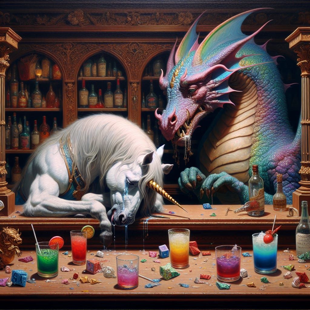 Unicorn's Heartbreak: Dragon Comfort in Oil Painting Style