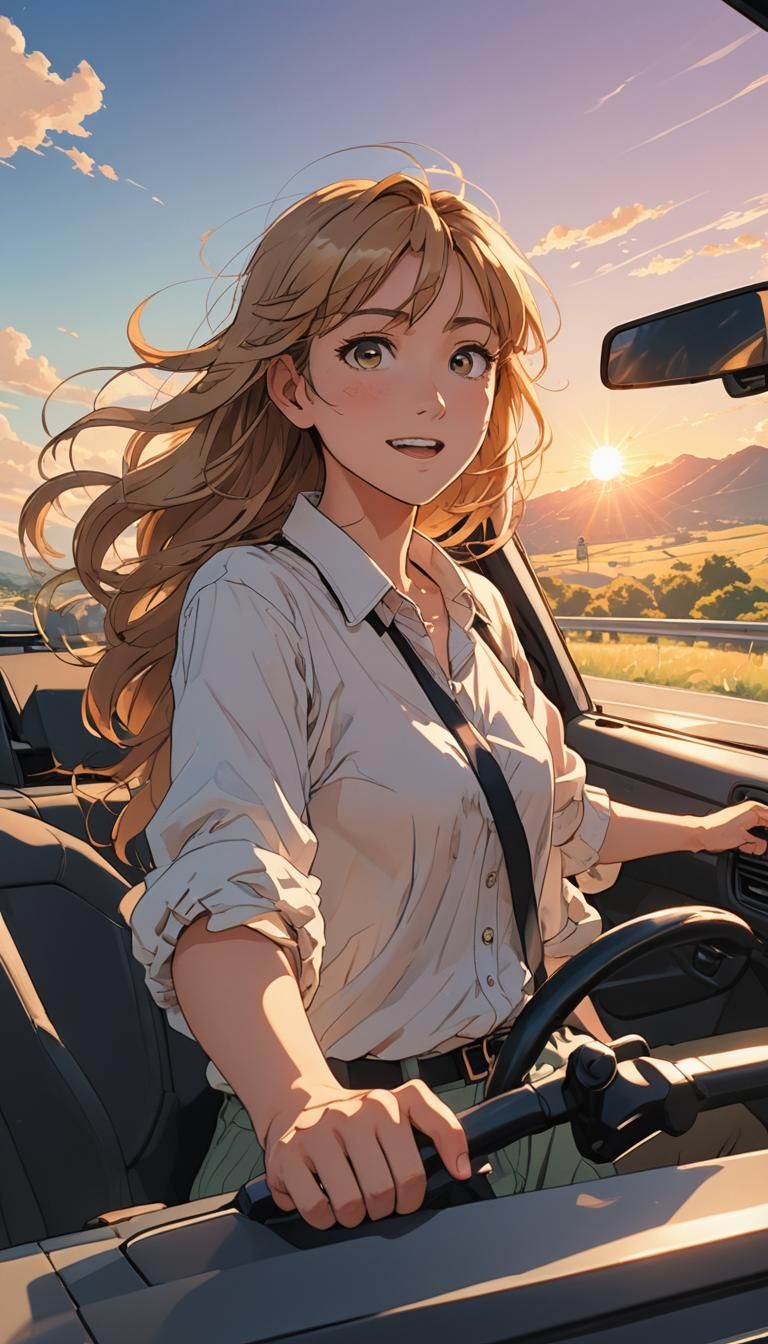 Anime Woman Driving on Scenic Highway