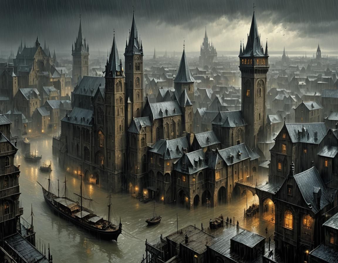 Gothic Port City in Rain, Dark Fantasy Art