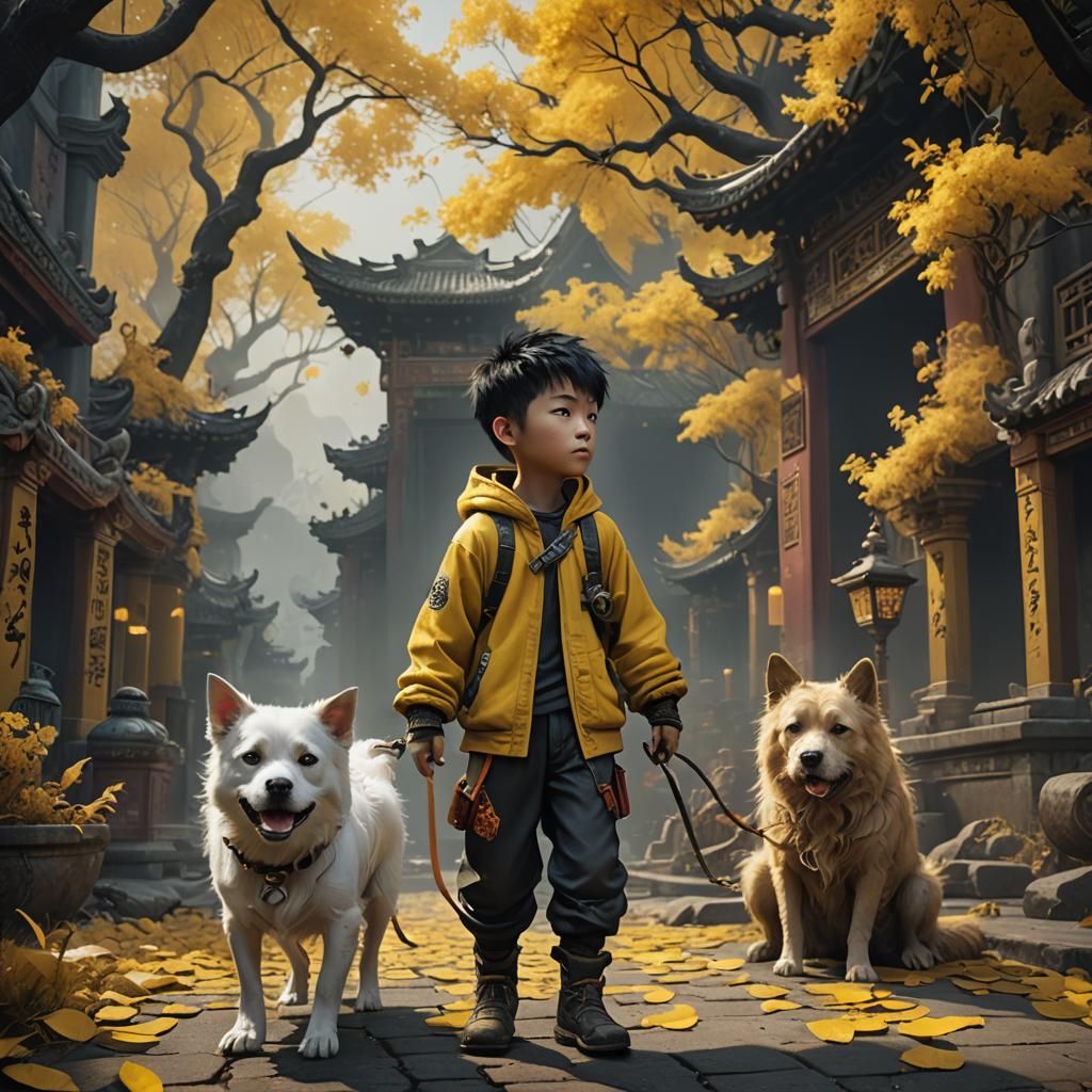 Boy with Ghost Dog: A Fantastical Digital Painting