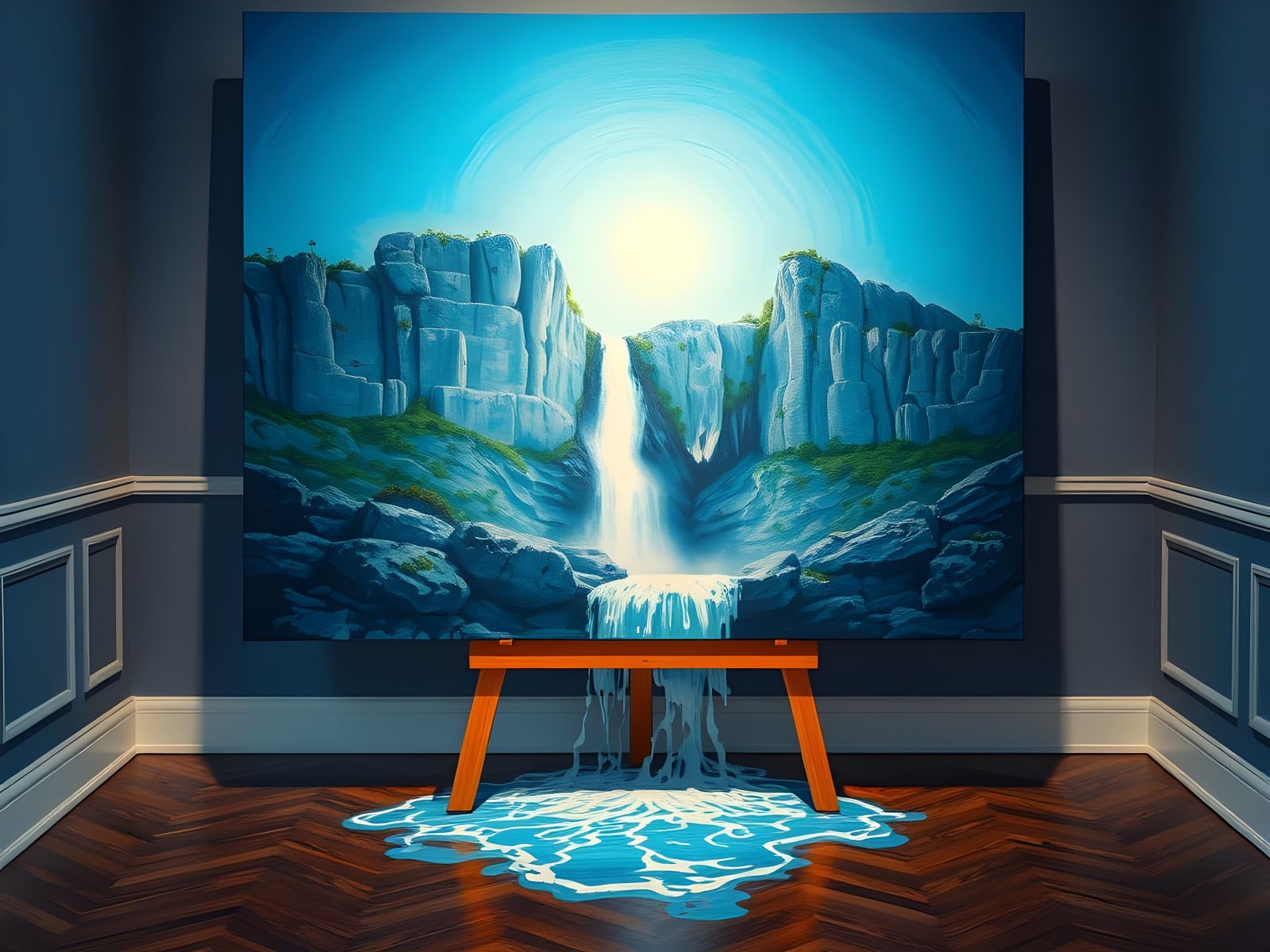 Surreal Blue Waterfall Landscape Painting on Easel