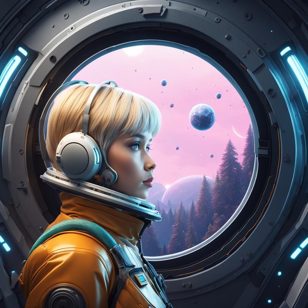Girl in Spacesuit Gazing at Mysterious Planet