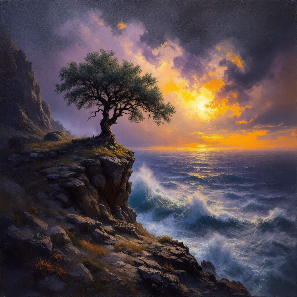 Ancient Olive Tree on Stormy Cliff, Halloween Twilight