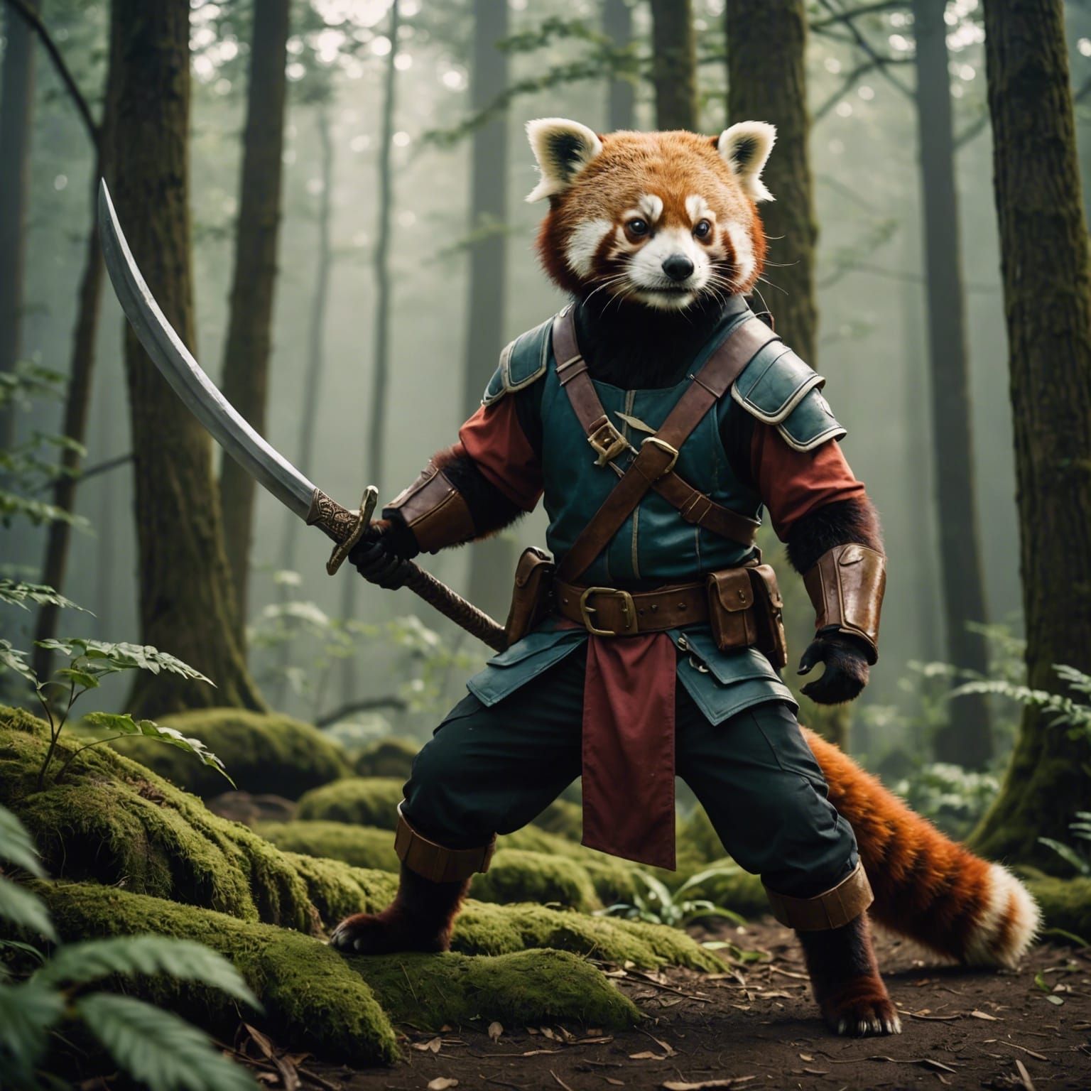 Determined Red Panda Ranger with Scimitar