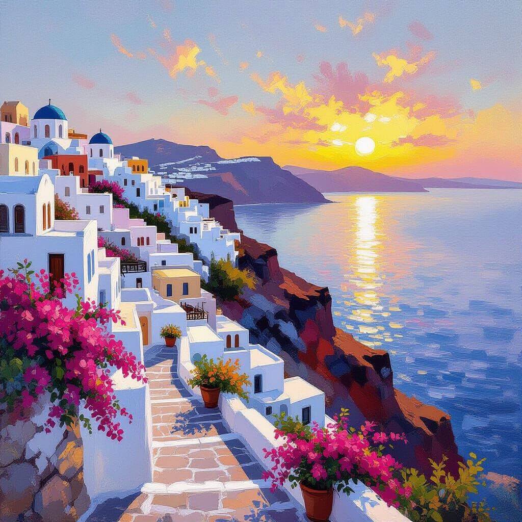 Santorini Sunset in Impressionistic Oil Style