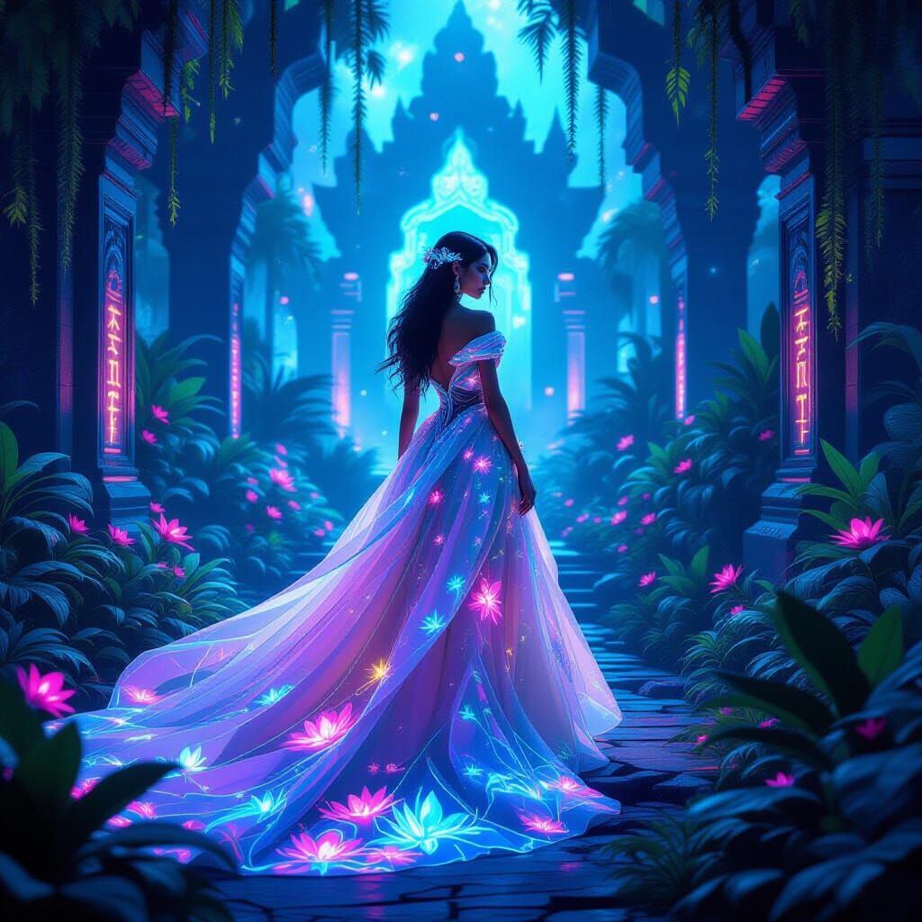 Regal Woman in Bioluminescent Flora Cosmic Jungle Temple
