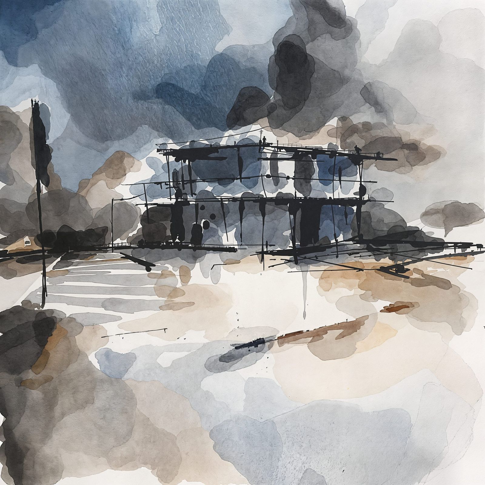 Abstract Blue-Gray Parking Lot Painting with Moody Building