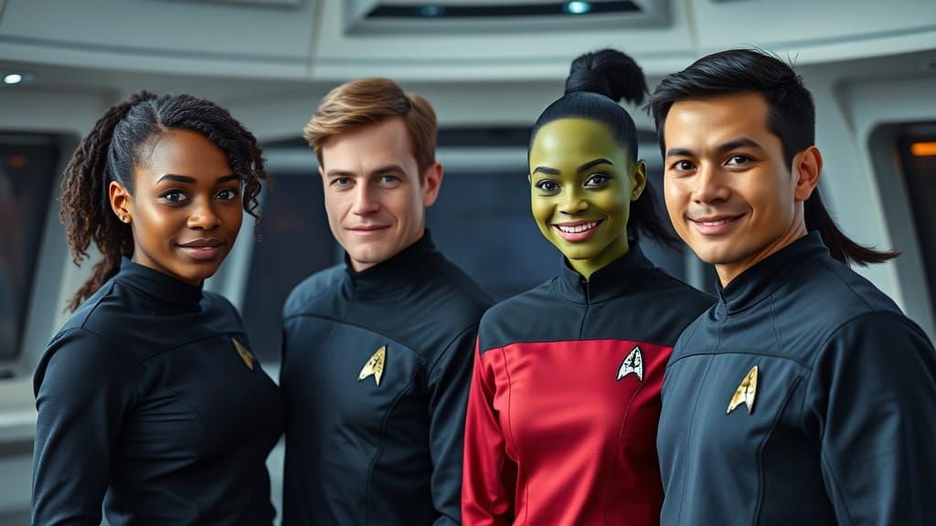 A hyper-realistic group photo of the four main characters from Star Trek Lower Decks, reimagined as real-life people, st...