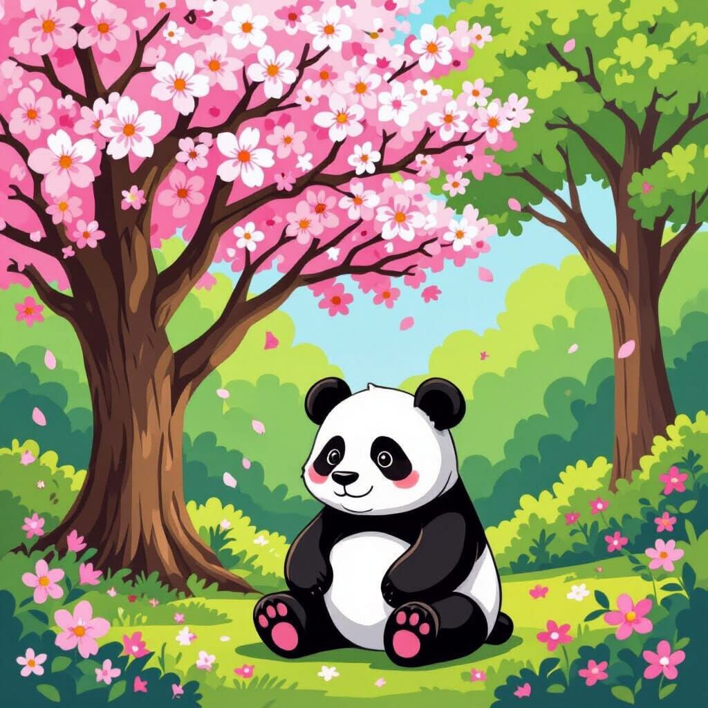 Panda Bear Under Cherry Blossoms in Lisa Frank Style