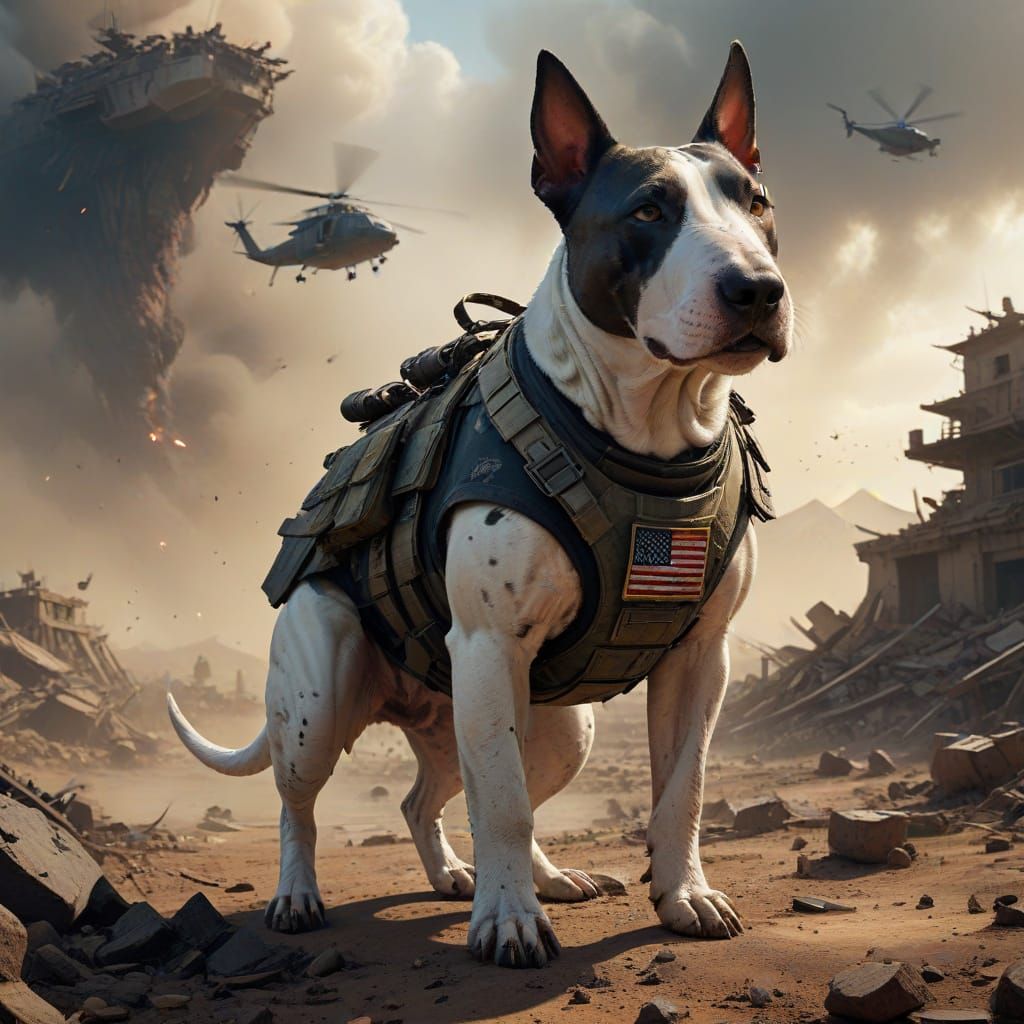Militaristic Bull Terrier in Tactical Gear