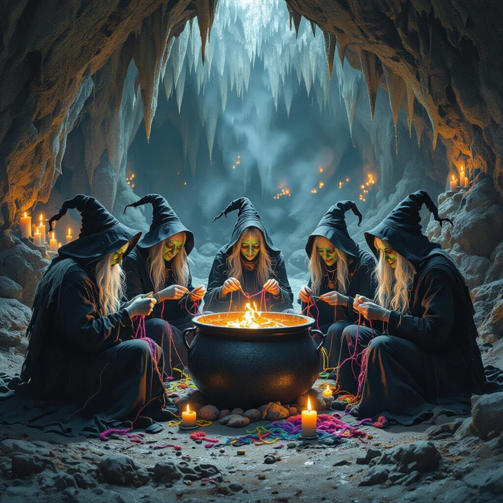 Witches Knitting in Candlelit Cave, Contemporary Style