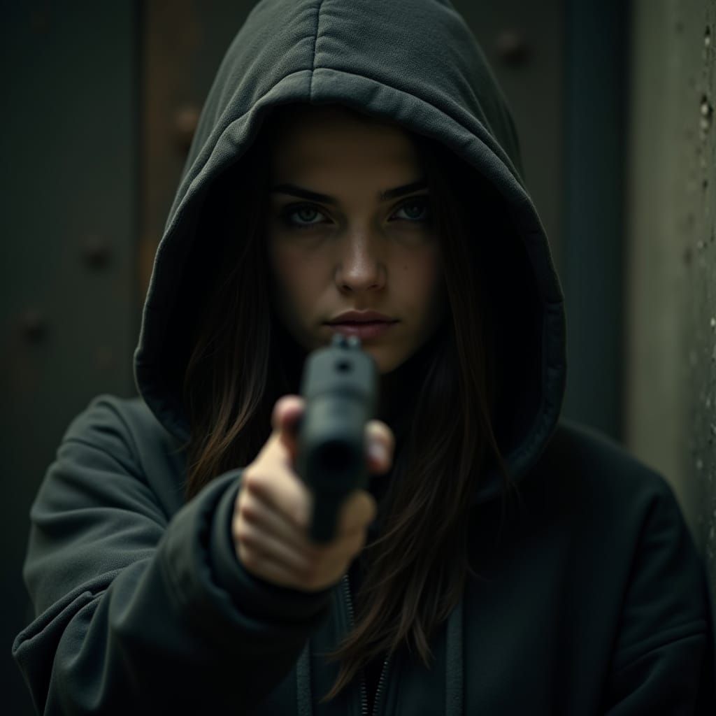 Mysterious Woman in Dark Hoodie with Gun, Moody Cinematic Li...