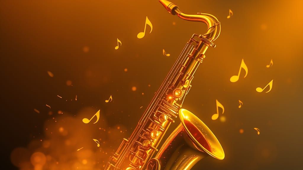 Golden Saxophone Radiating Light in Ambient Background