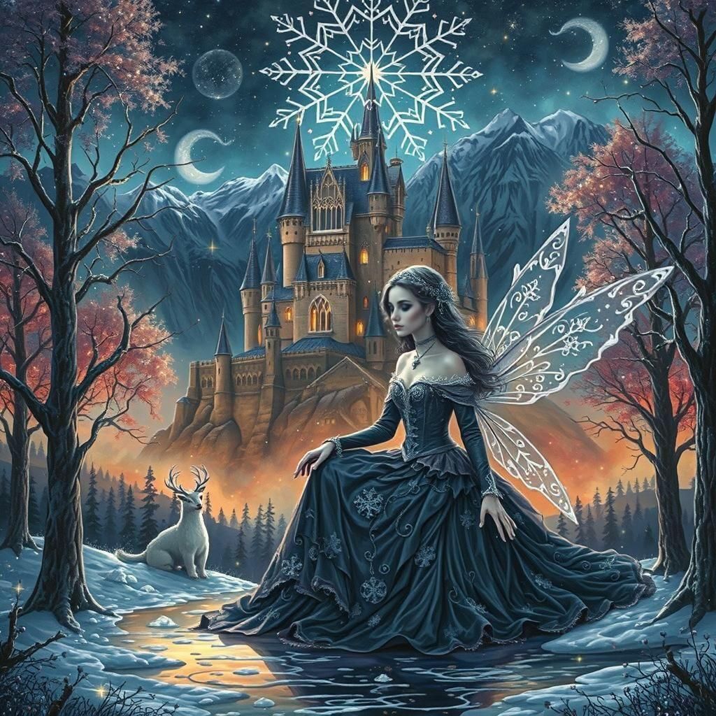A dark, whimsical Gothic fairy sitting of a beautiful snowfl...