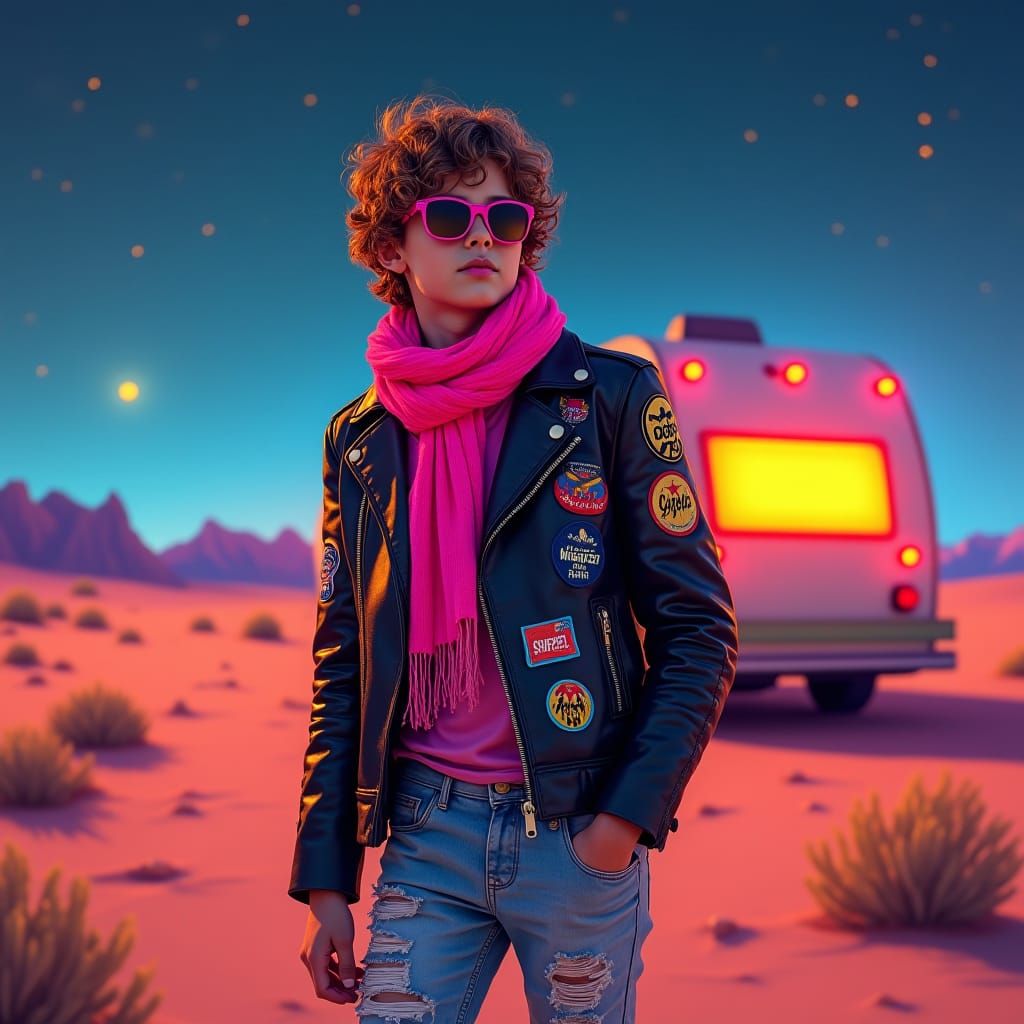 Youthful Adventurer in Starry Desert Landscape