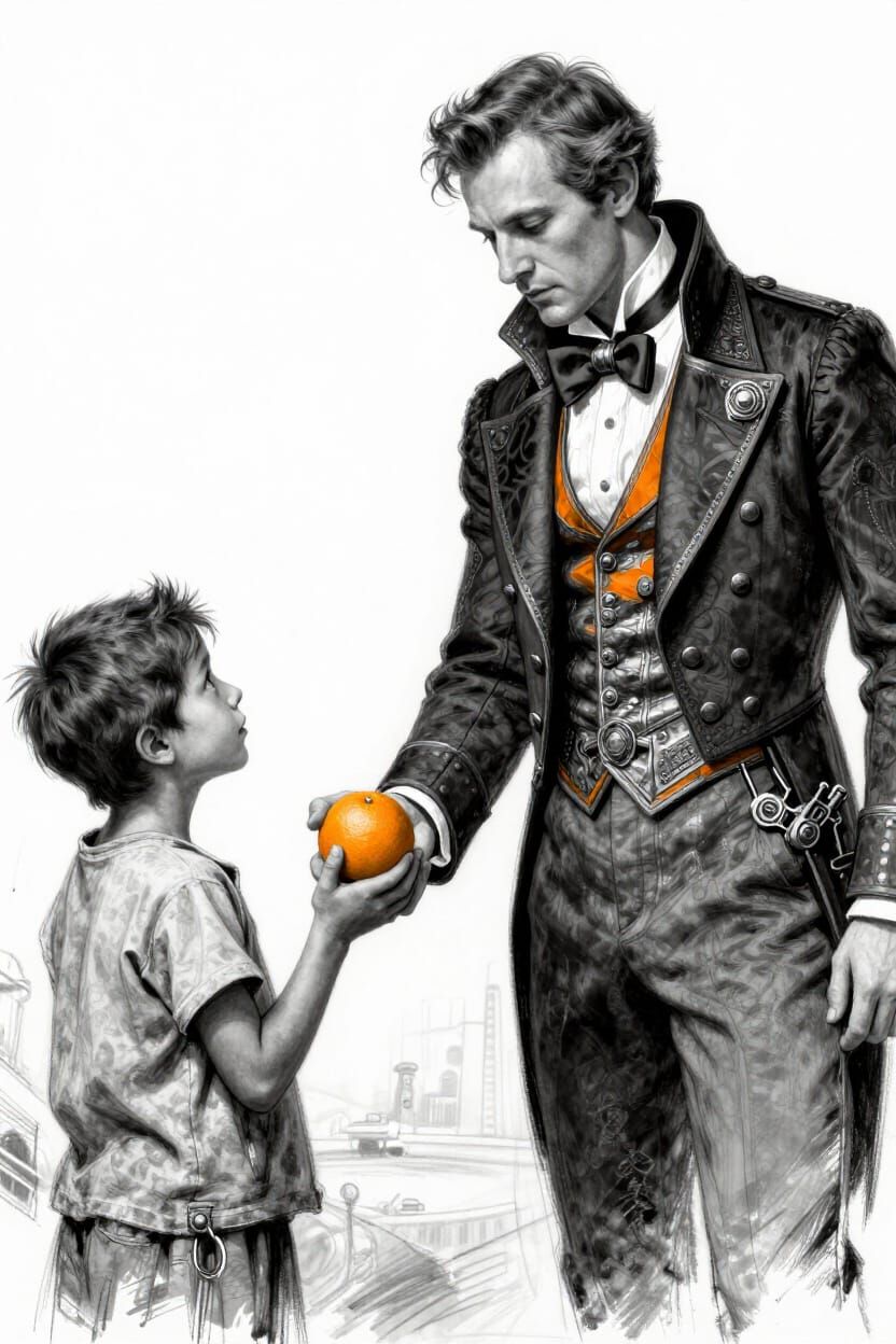 Steampunk Sketch: Wealthy Man Gives Orange to Starving Boy