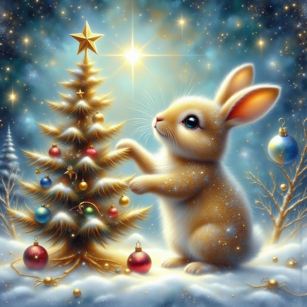 Cute Bunny Decorates Christmas Tree with Gold