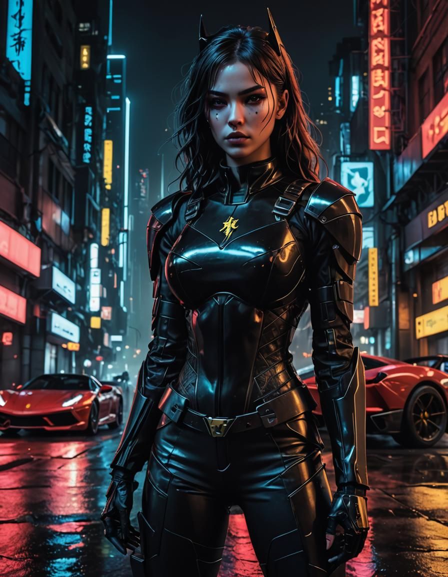 Bat Girl in Gotham: Cyberpunk Anime Art