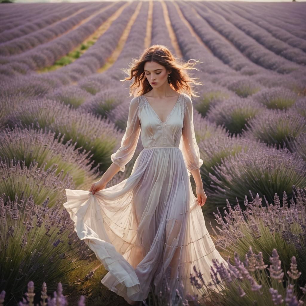 French Model in Lavender Field, Impressionist Style