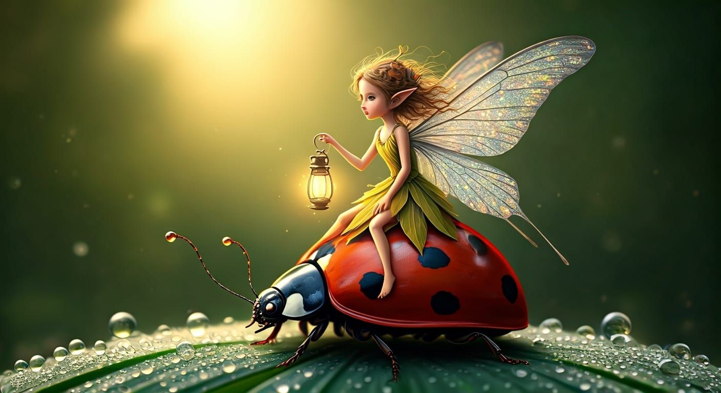 Fairy Riding Ladybug in Lush Garden