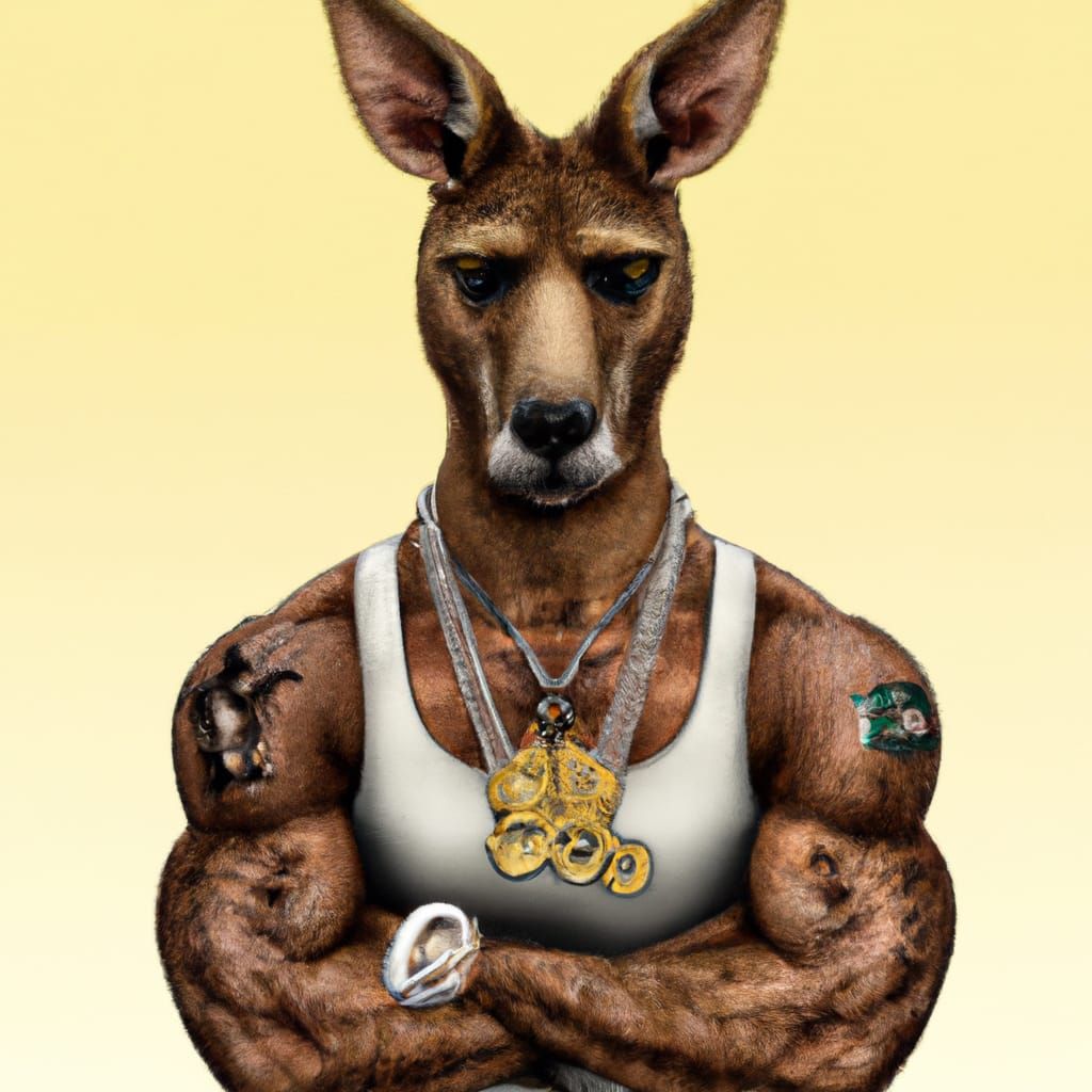 Biker Kangaroo with Tattoos and Gold Chains
