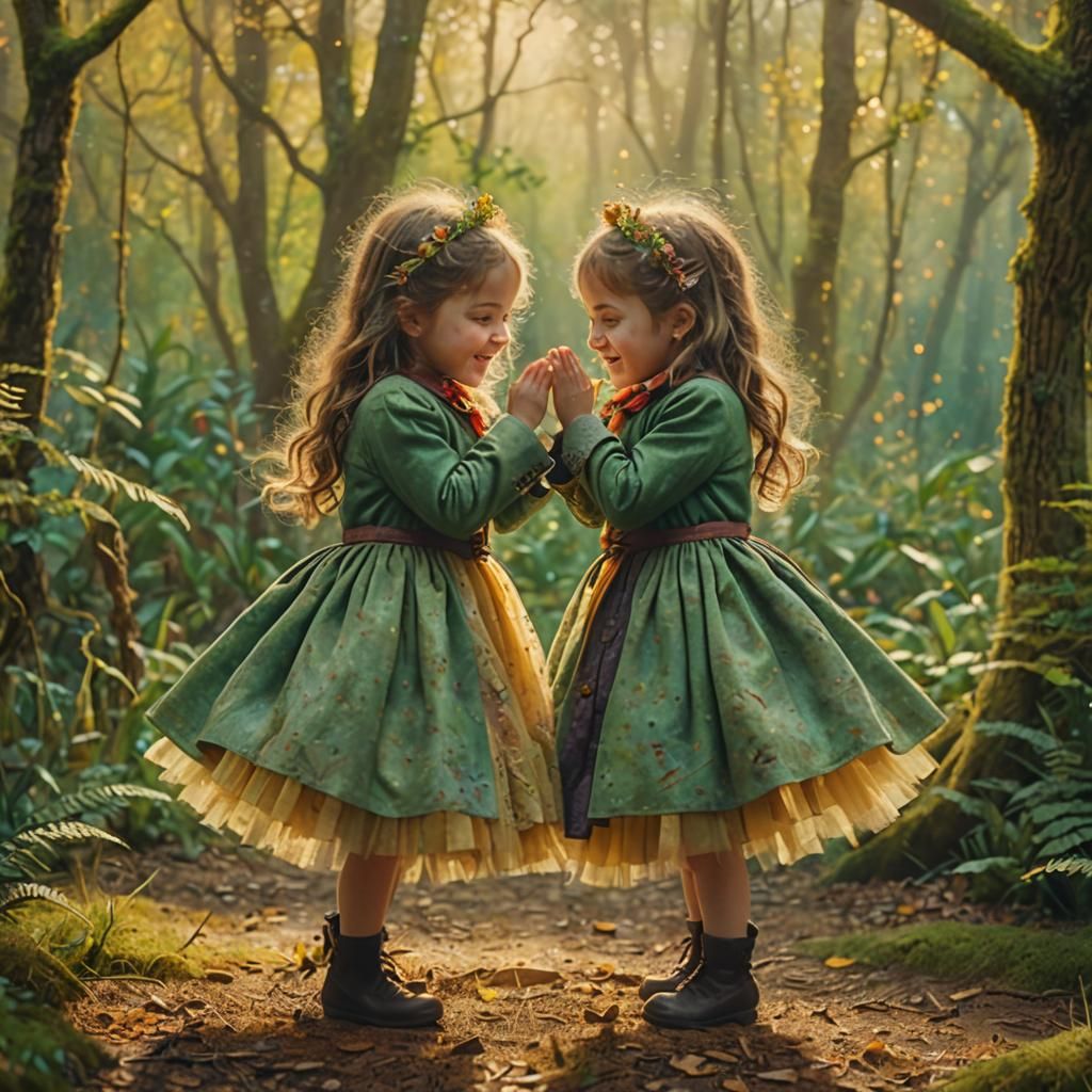 Playful Twins Embrace in Fauvist Forest