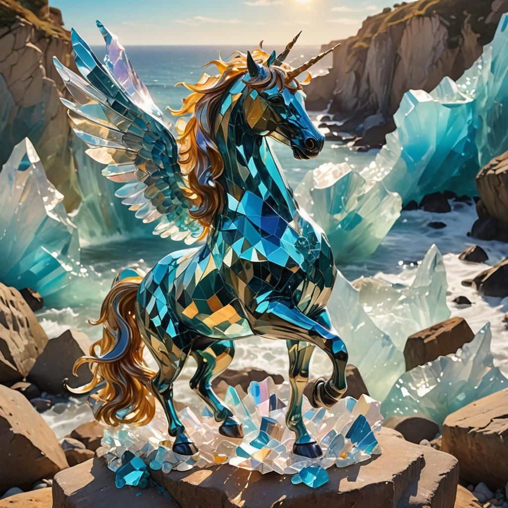 Glass Unicorn Statue on Seaside Cliff