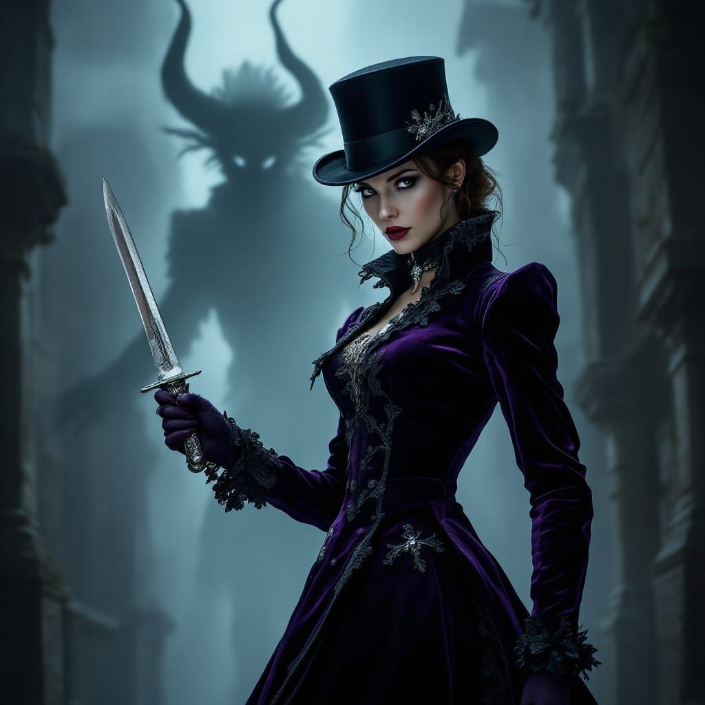 Victorian Woman with Knife in Gothic City