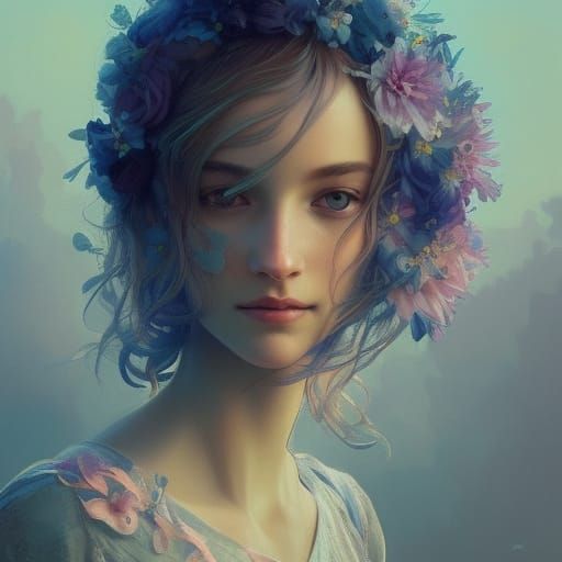 Flower Meadow Person Portrait in Hyperdetailed Art Style