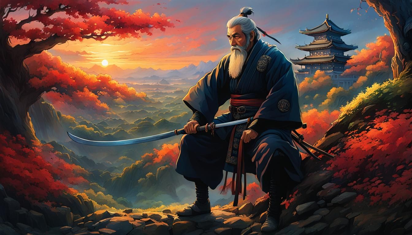 Samurai Teaching Boy: Digital Art in Art Nouveau Style