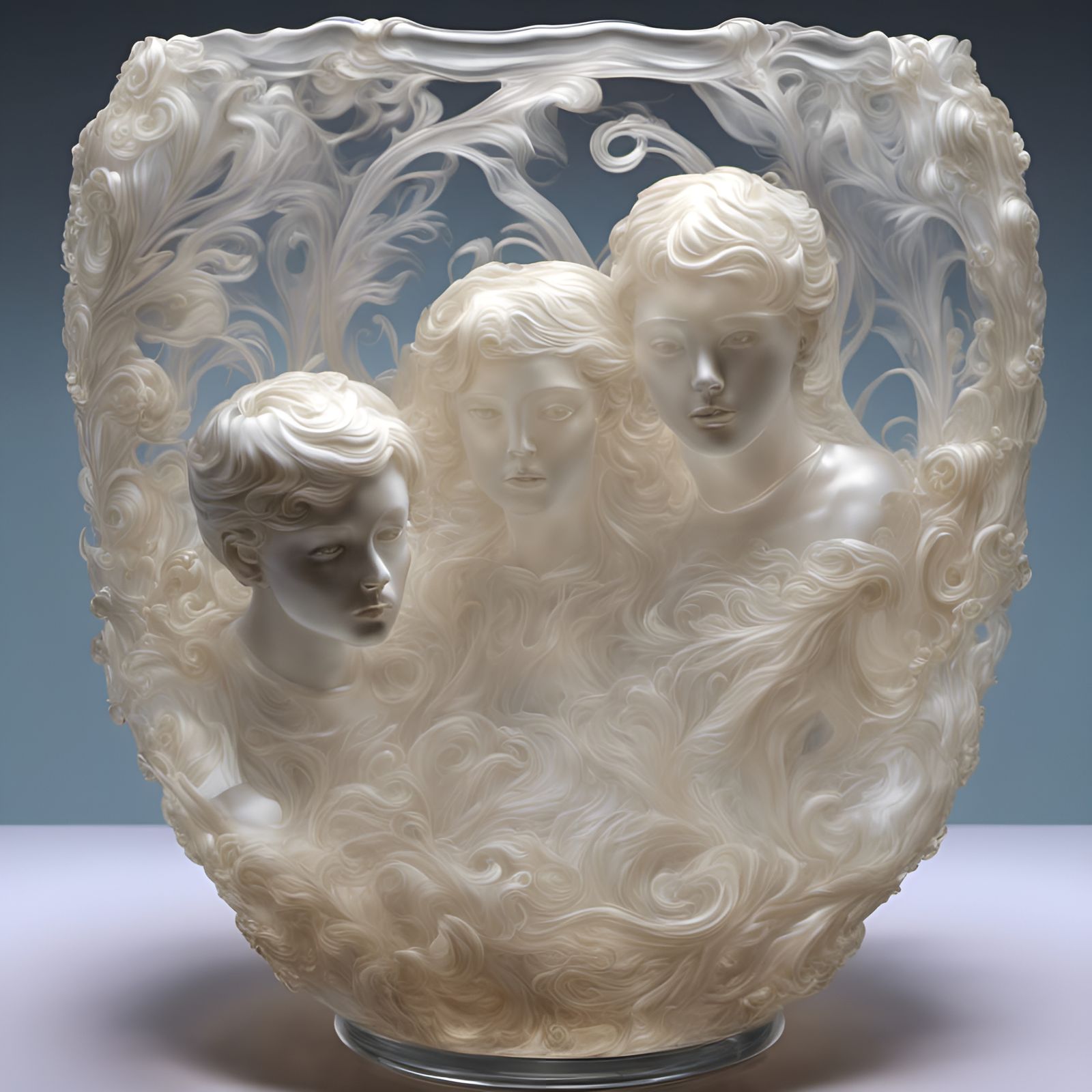 Exquisite Glass Vase with Faces, 3D Render