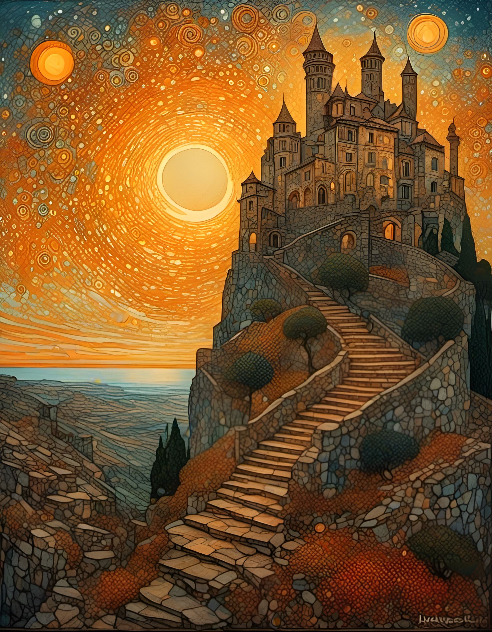 Hilltop Castle at Sunset in Autochrome Style